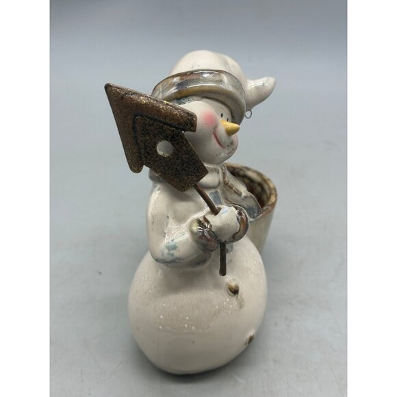 Woodland Ceramic Snowman Figurine With Rustic Look & Built-In Planter READ - Picture 3 of 7